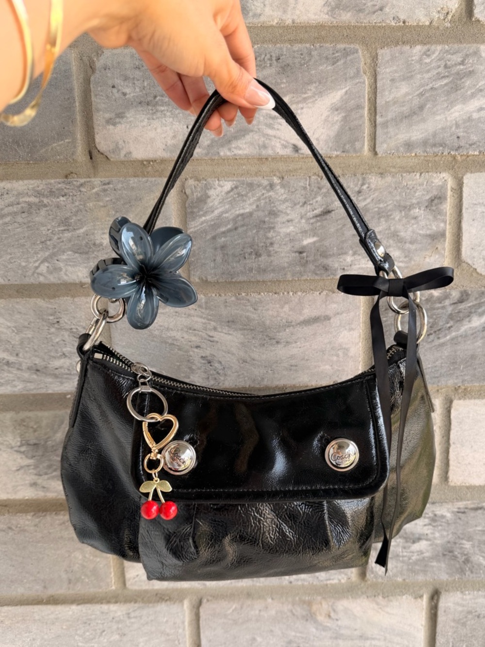 Coach Hobo Bag Soho Crescent Satchel Black Patent Leather Y2K Vintage East West